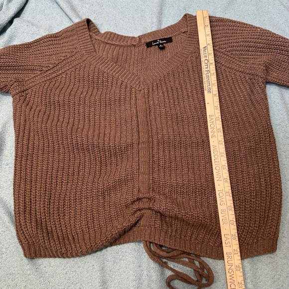 Love Tree Bohemian Knit Sweater Taupe V Neck Cinched Drawstring Cropped Sleeve S - Picture 8 of 9